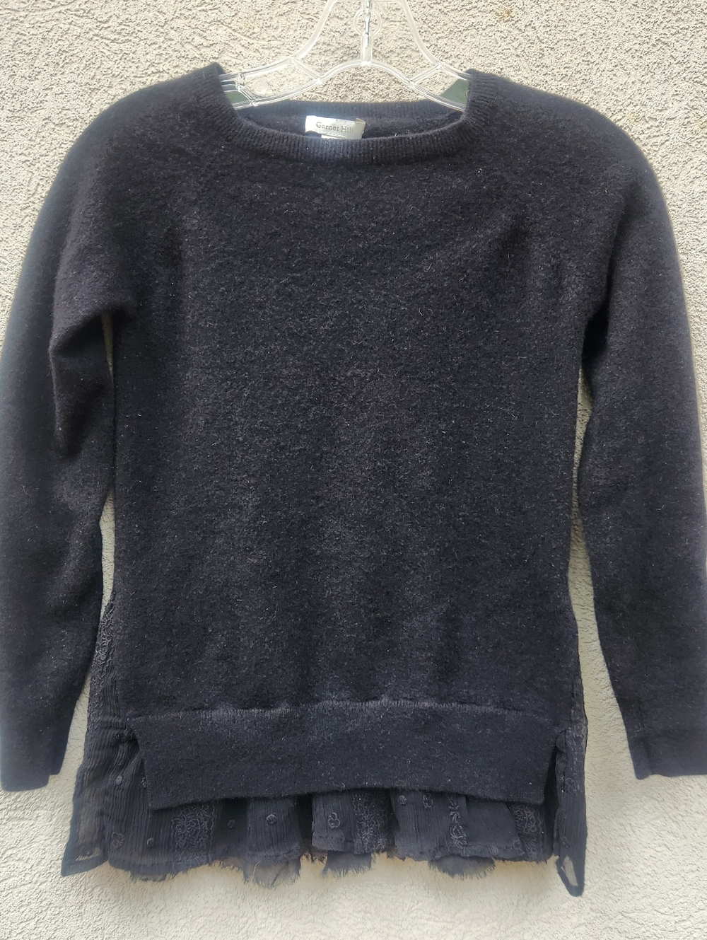 GARNET HILL Women's Sweater Extra Small Black 100% Cashmere Ruffle Hem Classic